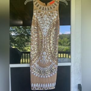 Tan dress with white gold embroidery and design! Worn once !